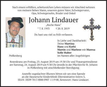 Todesanzeige von Johann Lindauer von merkurtz