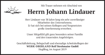 Todesanzeige von Johann Lindauer von merkurtz