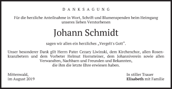 Todesanzeige von Johann Schmidt von merkurtz