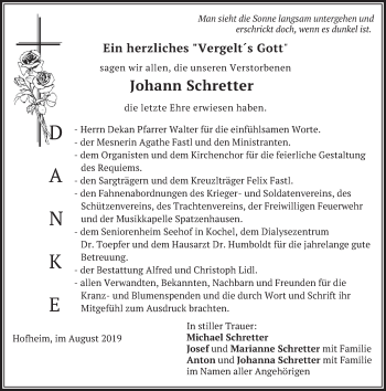 Todesanzeige von Johann Schretter von merkurtz