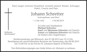 Todesanzeige von Johann Schretter von merkurtz