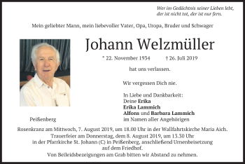 Todesanzeige von Johann Welzmüller von merkurtz
