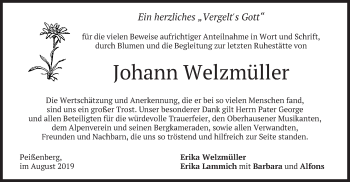 Todesanzeige von Johann Welzmüller von merkurtz