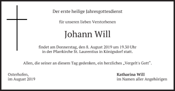 Todesanzeige von Johann Will von merkurtz