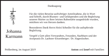 Todesanzeige von Johanna Karmann von merkurtz