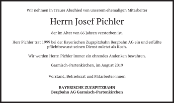 Todesanzeige von Josef Pichler von merkurtz