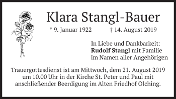 Todesanzeige von Klara Stangl-Bauer von merkurtz