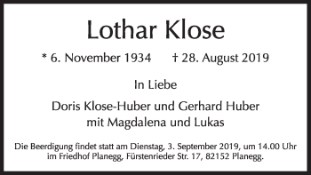 Todesanzeige von Lothar Klose von merkurtz