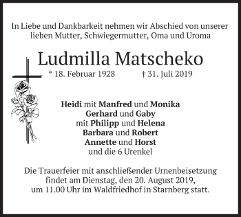 Todesanzeige von Ludmilla Matscheko von merkurtz