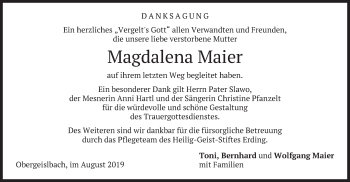 Todesanzeige von Magdalena Maier von merkurtz