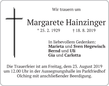 Todesanzeige von Margarete Hainzinger von merkurtz