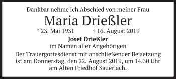 Todesanzeige von Maria Drießler von merkurtz