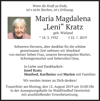 Todesanzeige von Maria Magdalena Kratz von merkurtz