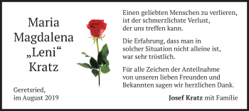 Todesanzeige von Maria Magdalena Kratz von merkurtz