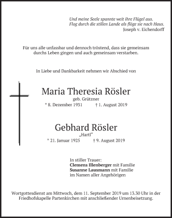 Todesanzeige von Maria Theresia und Gebhard Rösler von merkurtz