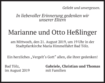 Todesanzeige von Marianne und Otto Heßlinger von merkurtz
