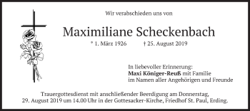 Todesanzeige von Maximiliane Scheckenbach von merkurtz