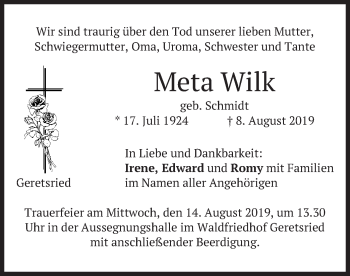 Todesanzeige von Meta Wilk von merkurtz