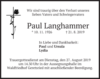 Todesanzeige von Paul Langhammer von merkurtz
