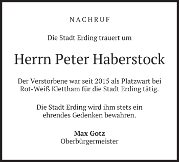 Todesanzeige von Peter Haberstock von merkurtz
