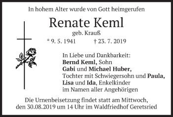 Todesanzeige von Renate Keml von merkurtz