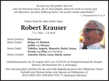Todesanzeige von Robert Krauser von merkurtz