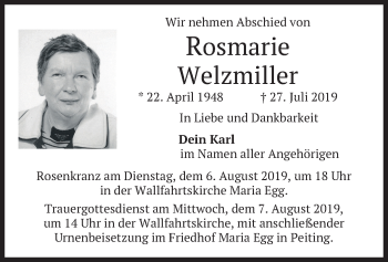 Todesanzeige von Rosmarie Welzmiller von merkurtz