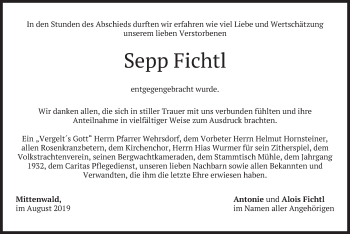 Todesanzeige von Sepp Fichtl von merkurtz