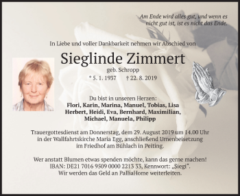 Todesanzeige von Sieglinde Zimmert von merkurtz