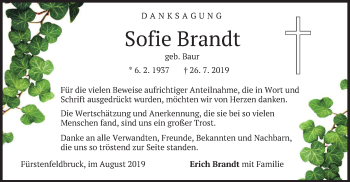 Todesanzeige von Sofie Brandt von merkurtz