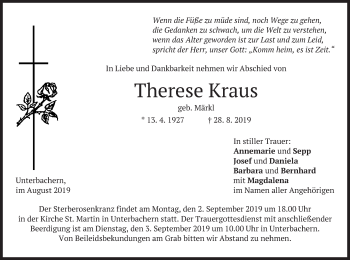Todesanzeige von Therese Kraus von merkurtz