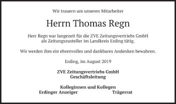 Todesanzeige von Thomas Regn von merkurtz