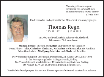 Todesanzeige von Thomas Regn von merkurtz