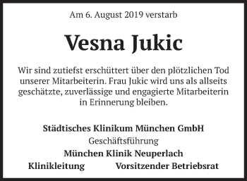 Todesanzeige von Vesna Jukic von merkurtz