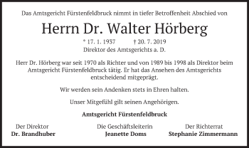 Todesanzeige von Walter Hörberg von merkurtz