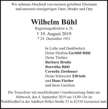 Todesanzeige von Wilhelm Bühl von merkurtz