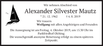 Todesanzeige von Alexander Silvester Mautz von merkurtz