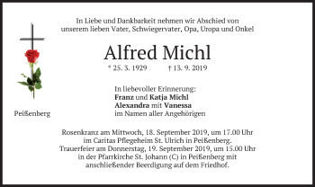 Todesanzeige von Alfred Michl von merkurtz