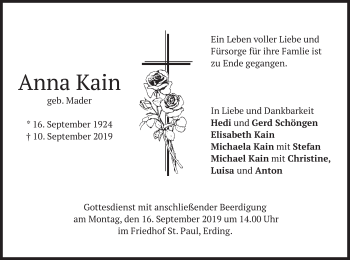 Todesanzeige von Anna Kain von merkurtz