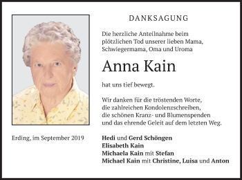 Todesanzeige von Anna Kain von merkurtz