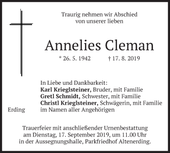 Todesanzeige von Annelies Cleman von merkurtz