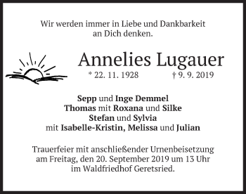 Todesanzeige von Annelies Lugauer von merkurtz