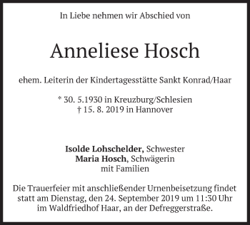 Todesanzeige von Anneliese Hosch von merkurtz