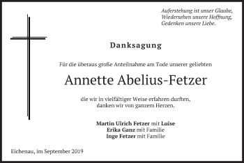 Todesanzeige von Annette Abelius-Fetzer von merkurtz