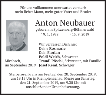 Todesanzeige von Anton Neubauer von merkurtz