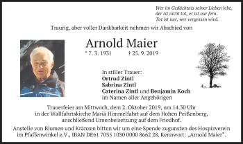 Todesanzeige von Arnold Maier von merkurtz