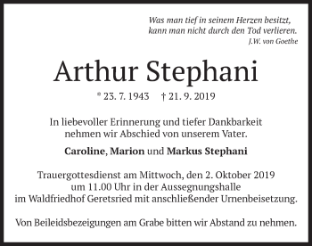 Todesanzeige von Arthur Stephani von merkurtz