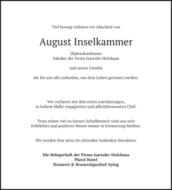 Todesanzeige von August Inselkammer von merkurtz