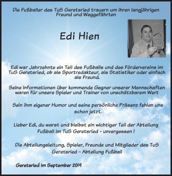 Todesanzeige von Edi Hien von merkurtz