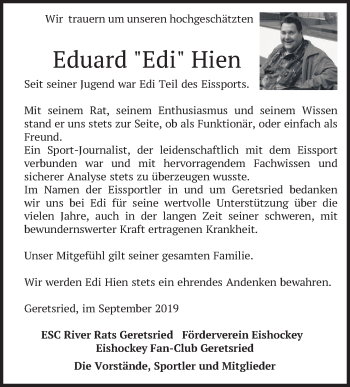 Todesanzeige von Eduard Hien von merkurtz